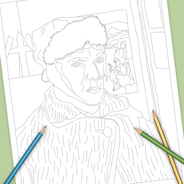 Kleurplaat Zelfportret met verbonden oor Vincent van Gogh